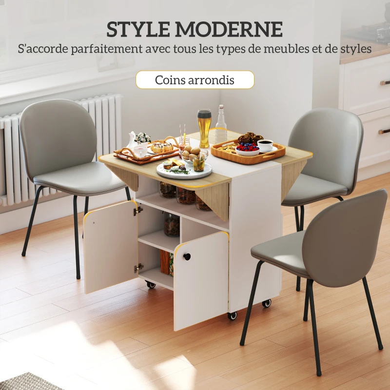 HOMCOM Table à manger pliante sur roulettes, table de cuisine 4 personnes, 2 abattants, étagère, placard, 70x83x75cm, blanc