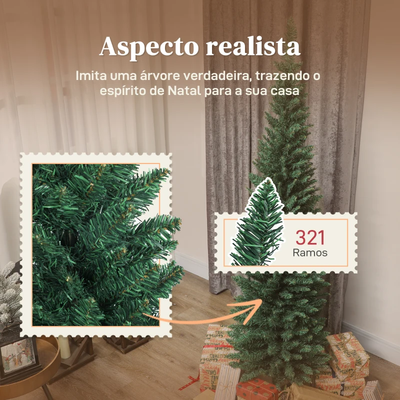 HOMCOM Árvore de Natal Slim 180 cm Árvore de Natal Artificial com 321 Ramos Suporte Metálico Decoração para Interior Verde