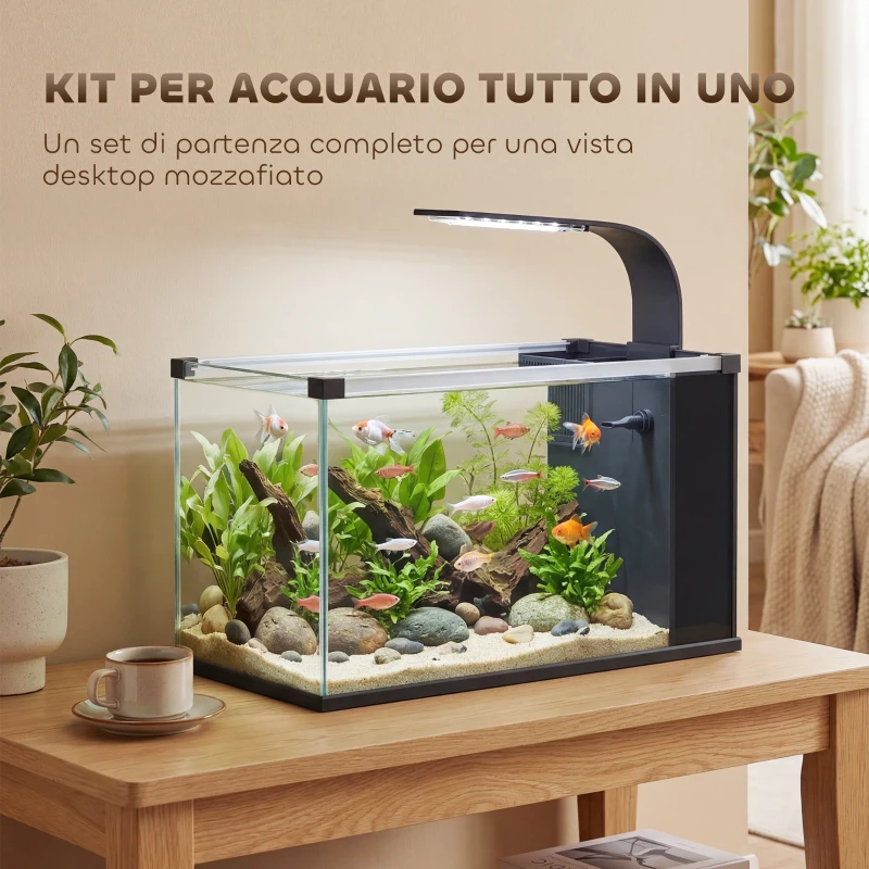 PawHut Acquario, 24L in Vetro Temperato con Filtro, Luce LED e Pompa dell'Acqua