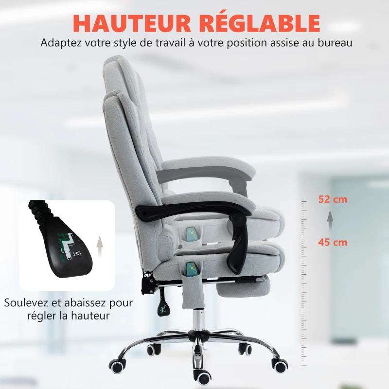Vinsetto Fauteuil de bureau massant et chauffant, chaise de bureau, hauteur réglable, dossier inclinable, 65x70x111-119cm, gris