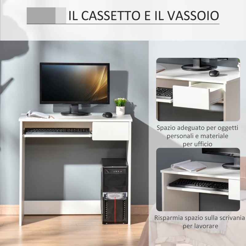 HOMCOM Scrivania Ufficio, 80x45x75 cm Scrivania Salvaspazio con Vassoio Tastiera, Cassetto per Documenti, Bianco
