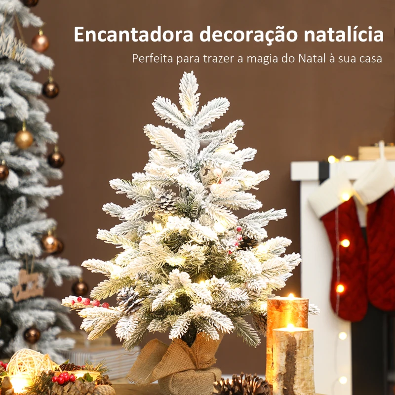 HOMCOM Mini Árvore de Natal Artificial com 35 Luzes LED 182 Ramos com Neve Pinhas Bagas e Base de Saco de Juta Ø48x60 cm Verde