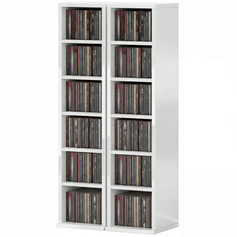 HOMCOM Set of 2 CD Media Display Shelf Unit Tower Rack with Adjustable Shelves, High Gloss White