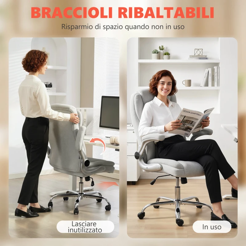 HOMCOM Sedia Ergonomica, Schienale Alto Velluto Stampato, Braccioli Ribaltabili, Bianco Crema