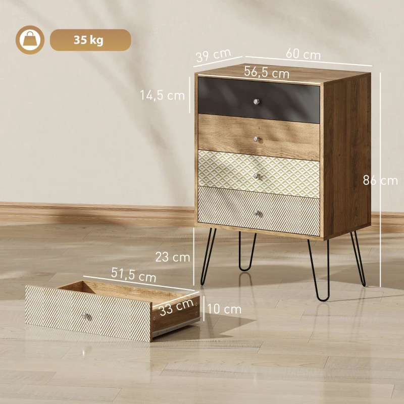 HOMCOM Cómoda 4 Gavetas Cómoda para Quarto com Pés em Forma de V de Aço Estilo Boémio 60x39x86 cm Multicor