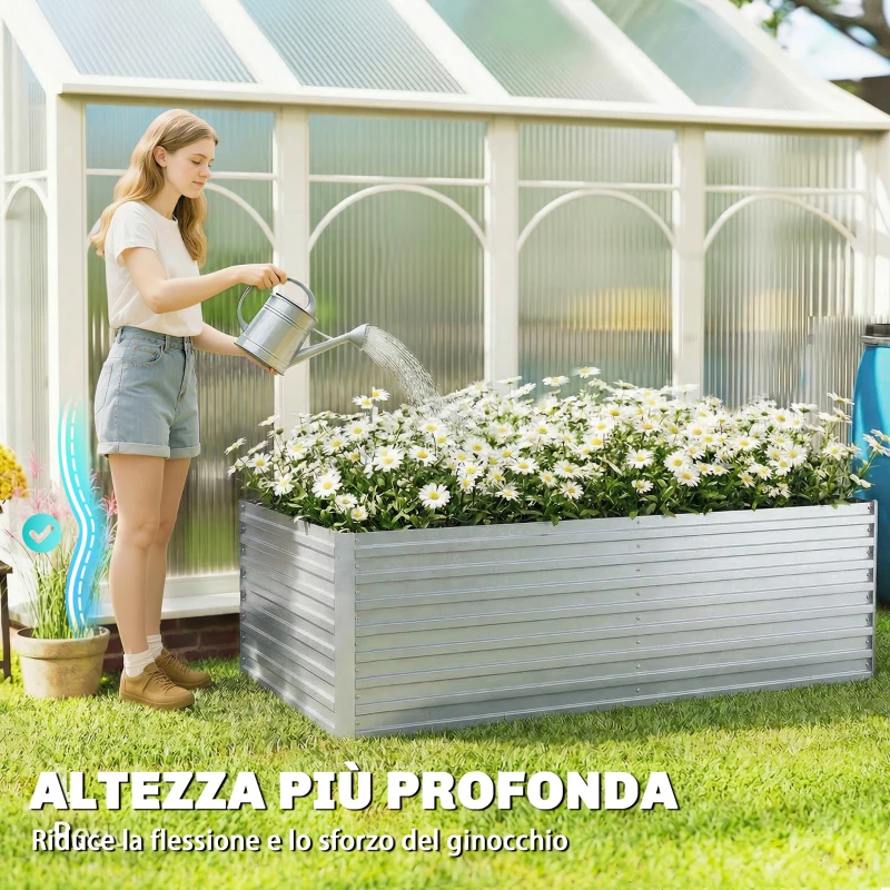 Outsunny Set di 2 Aiuole Rialzate in Metallo Galvanizzato con Bordo Sicuro, Fioriera Elevata per Verdure, Argento