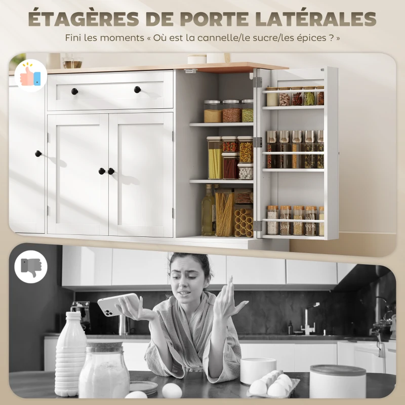 HOMCOM Buffet cuisine, meuble de rangement avec tiroir, 4 portes, étagères réglables et 6 racks de porte, 138x40x83,5cm, blanc