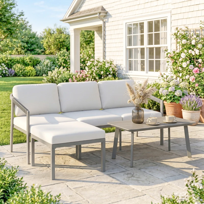 Outsunny 3 Piece Garden Dining Set, Outdoor Patio Furniture with 3 Seater Sofa, Footstool, Coffee Table and Cuhsions