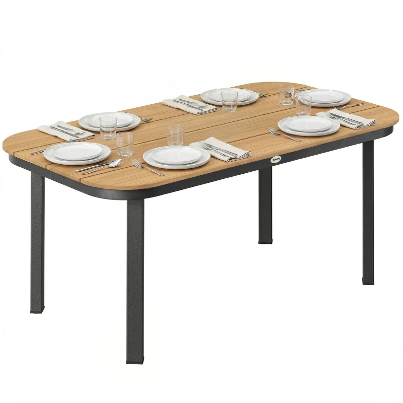 Outsunny Mesa de jardín, mesa de comedor para 6 personas, mesa de balcón con armazón metálico, tablero de listones WPC, 155 x 88 x 72 cm, Marrón
