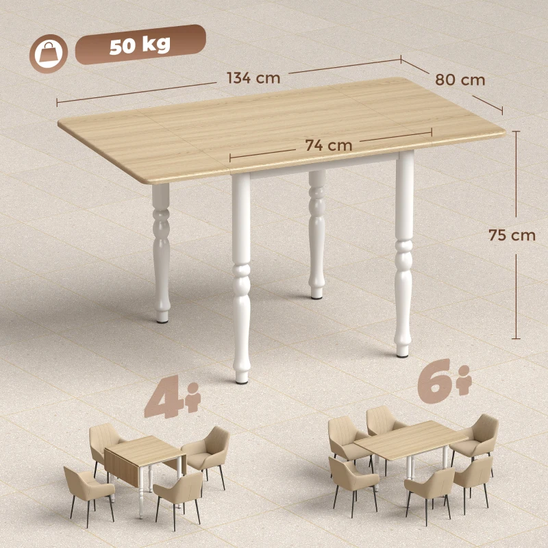 HOMCOM Masă pliabilă pentru 4 până la 6 persoane 74-134 cm, masă de bucătărie cu 2 abătătoare, picioare din oțel, lemn natural