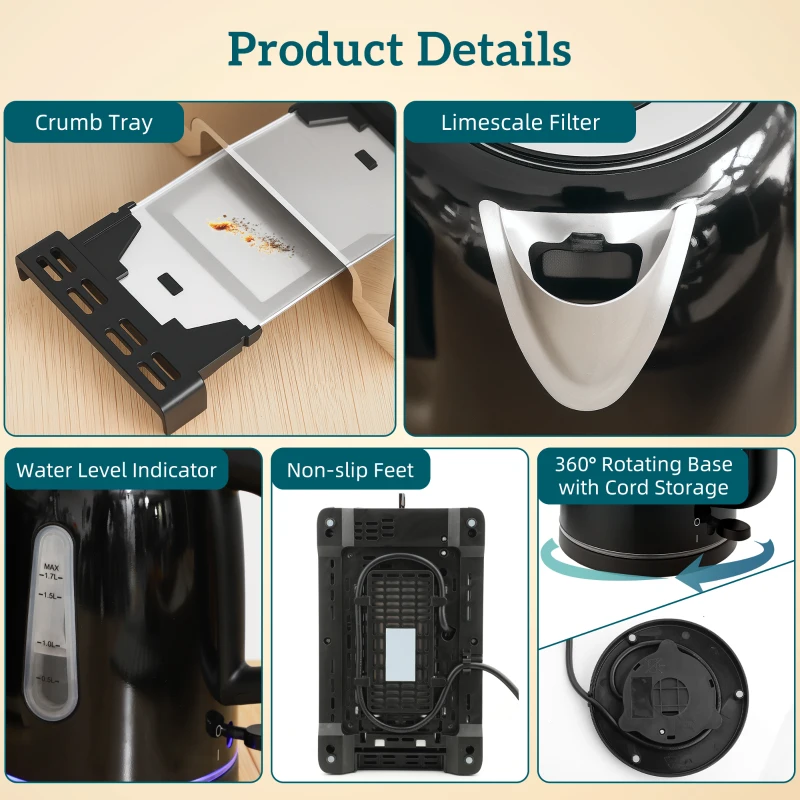 HOMCOM Simple Polished Toaster and Kettle Set - Black