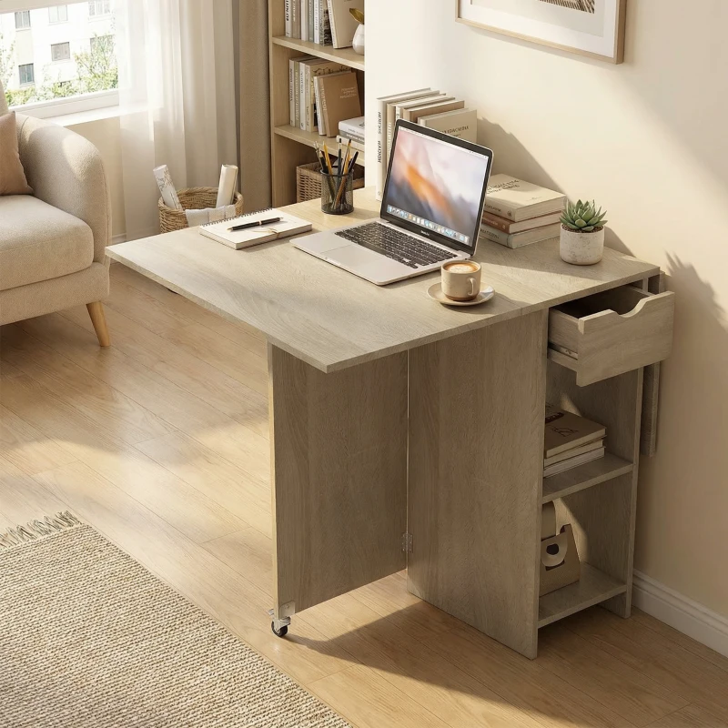 HOMCOM Mesa de jantar dobrável para 2-4 pessoas, mesa com rodízios e compartimento aberto e gaveta, ideal para espaços pequenos, Natural