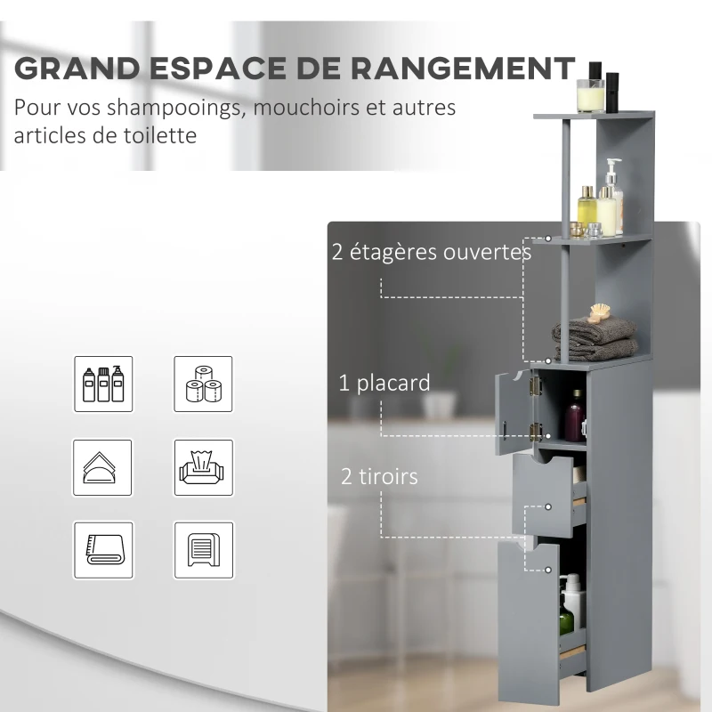 HOMCOM Meuble colonne salle de bain armoire de salle de bain avec tiroirs étagères ouvertes placard 15 x 33 x 136,8 cm gris