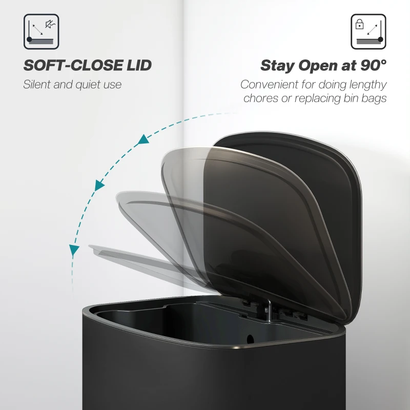 HOMCOM 50L Kitchen Bin with Soft-Close Lid and Stay-Open Function, Stainless Steel Pedal Bin with Removable Inner Bucket, Carry Handle for Kitchen, Office, Home, Black