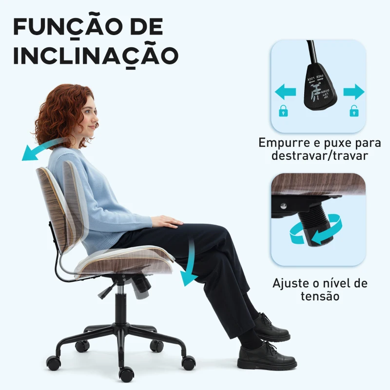 HOMCOM Cadeira de Escritório sem Braços Giratória Estofada em Couro Sintético com Encosto Curvado Assento em Forma de U Altura Ajustável Basculante 48,5x53x88-98 cm Branca