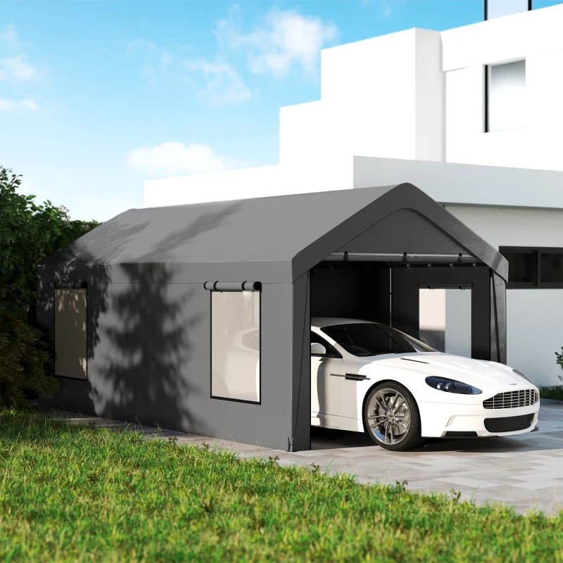 Outsunny Carport tente de garage 3 x 6 m avec parois latérales amovibles, 2 portes enroulables et 4 fenêtres, gris foncé