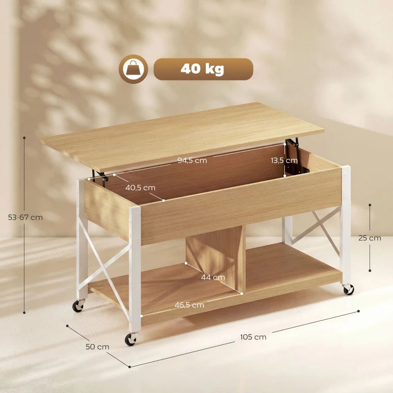 HOMCOM Mesa de Centro Elevatória com Rodas Compartimento Oculto e Prateleiras Abertas 105x50x67 cm Madeira e Branco