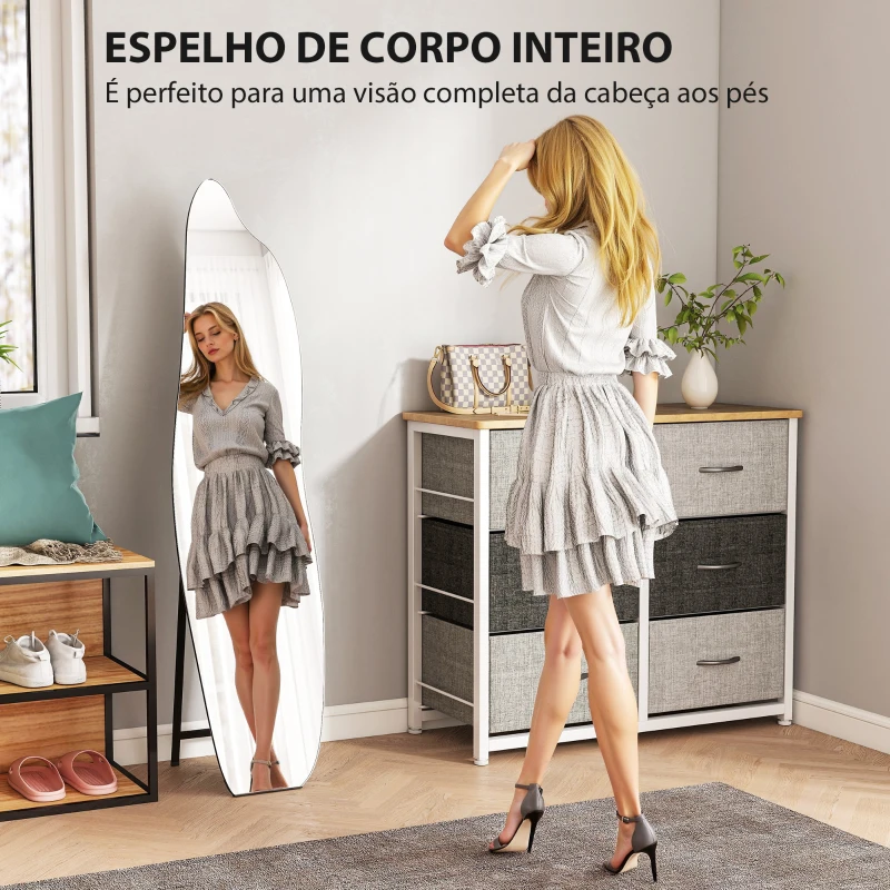 HOMCOM Espelho de Pé 160x40 cm sem Moldura Espelho de Corpo Inteiro Forma Irregular com Suporte Metálico Preto