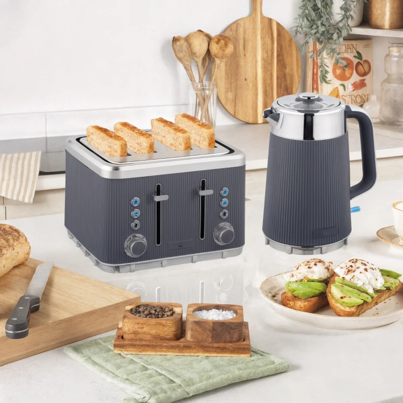 HOMCOM Electric Stainless Steel Kettle and Toaster Set, 3000W 1.7L UK Strix Thermostat Fast Boil Kettle w/ Limescale Filter, Cool Touch Body, 4 Slice Toaster with 7 Browning Levels, Crumb Tray, Grey