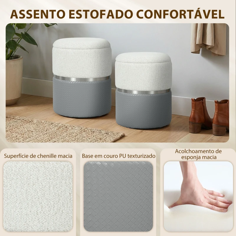 HOMCOM Conjunto de 2 Puffs de Arrumação Estofados em Chenille e PU Assento Acolchoado para Entrada Quarto Cinzento e Creme