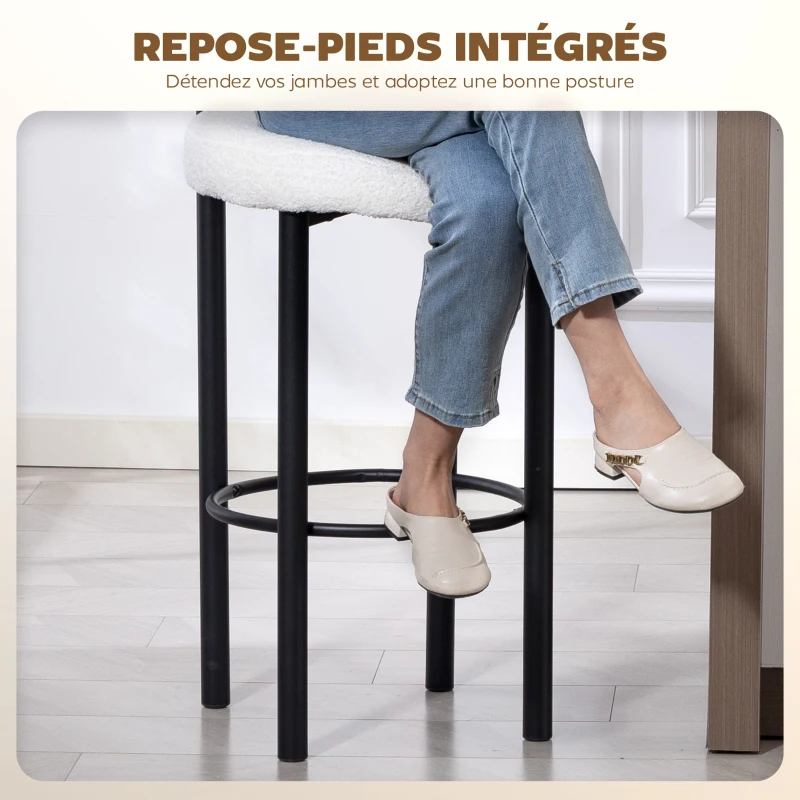 HOMCOM Lot de 2 tabourets de bar, chaises de bar en tissu bouclette avec dossier incurvé, repose-pieds, 50x52,5x98cm, blanc
