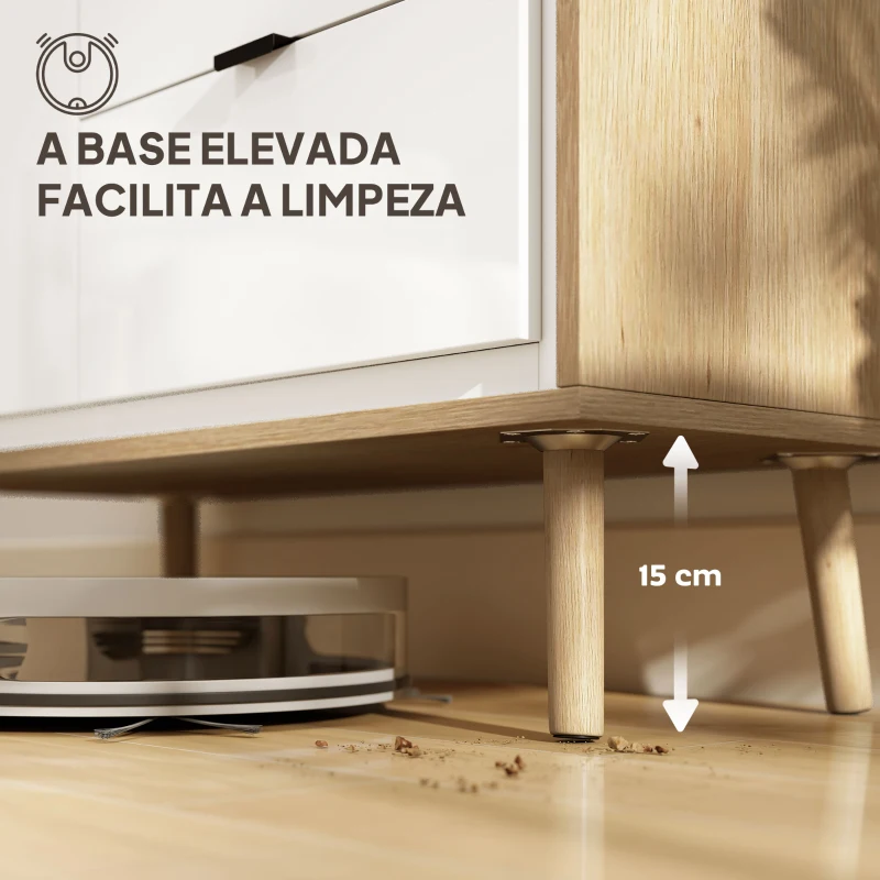 HOMCOM Aparador de Sala Moderno com 3 Gavetas Prateleira Ajustável e Pés em Madeira 80x35x77 cm Branco Brilhante e Carvalho