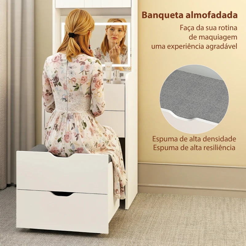 HOMCOM Toucador de Maquilhagem com Luzes LED de 3 Cores Espelho Rebatível e Banco Acolchoado 50x40x160 cm Branco