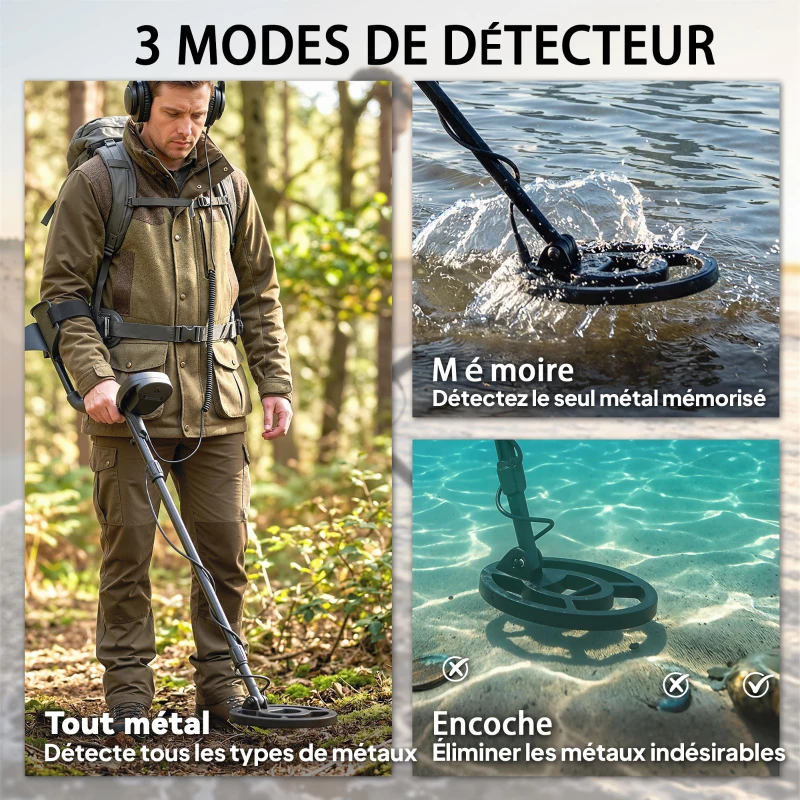 Outsunny Détecteur de métaux pour adultes, bobine de recherche étanche IP68 avec écran LCD, détecteur d'or à 3 modes avec pelle