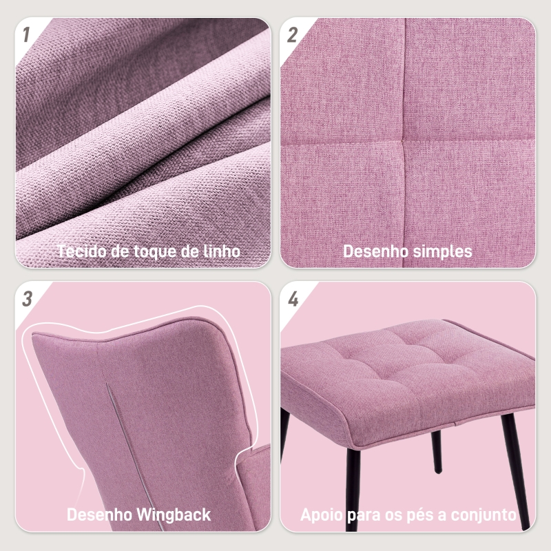HOMCOM Conjunto de Poltrona Baloiço com Apoio para os Pés Poltrona Relax com Almofada Acolchoada e Anti-Tombo 64x89x90 cm Rosa