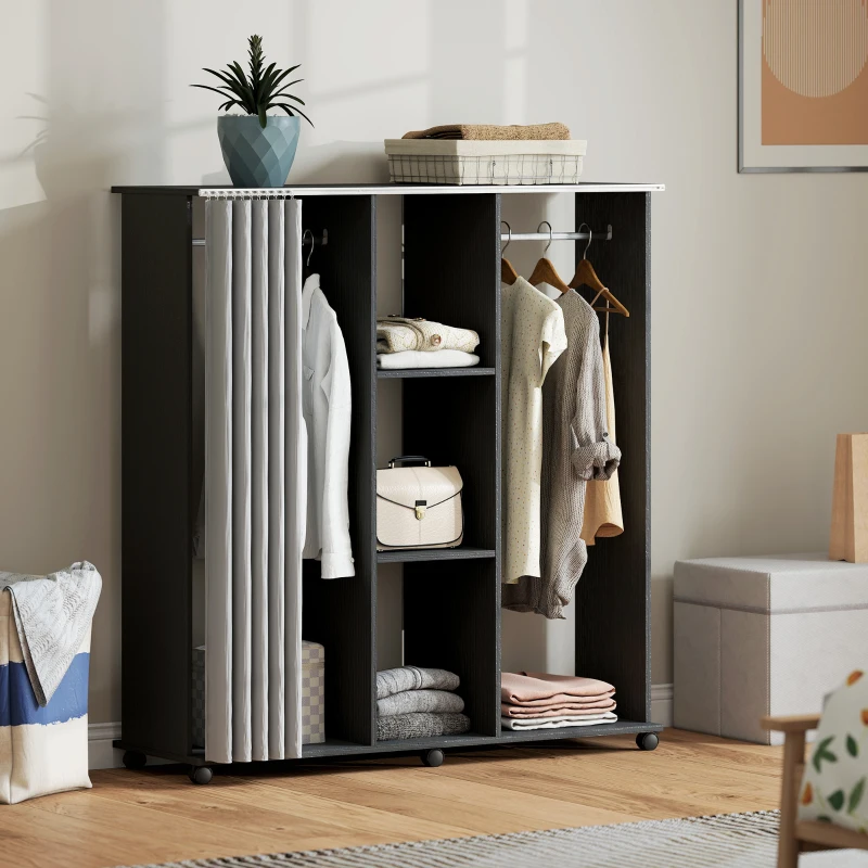 HOMCOM Armoire penderie Meuble de Rangement Mobile 6 roulettes 120L x 40l x 128H cm en bois Noir