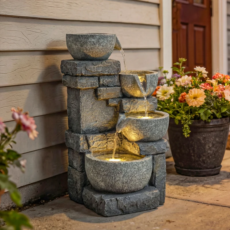 Outsunny Fontaine de Jardin Cascade 4 Niveaux Décoration Effet Pierre et Brique avec Éclairage LED 28 x 25 x 54,5 cm Gris