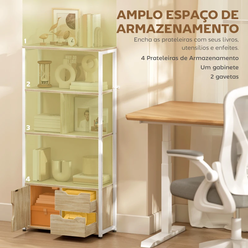 HOMCOM Estante para Livros com Armário e 2 Gavetas de Armazenamento para Escritório Sala de Estar 58x24x122 cm Madeira e Branco