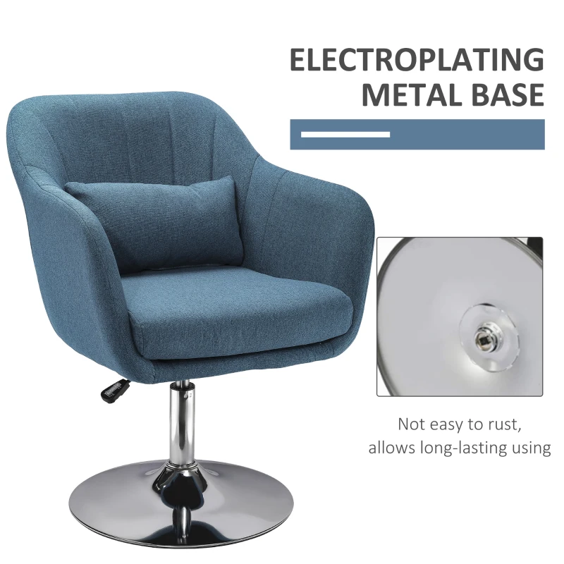 HOMCOM Swivel Accent Chair, Linen Fabric Tub Vanity Chair, Modern Armchair with Adjustable Height and Lumbar Support for Living Room Bedroom Salon Make up Room Dressing Table, Blue