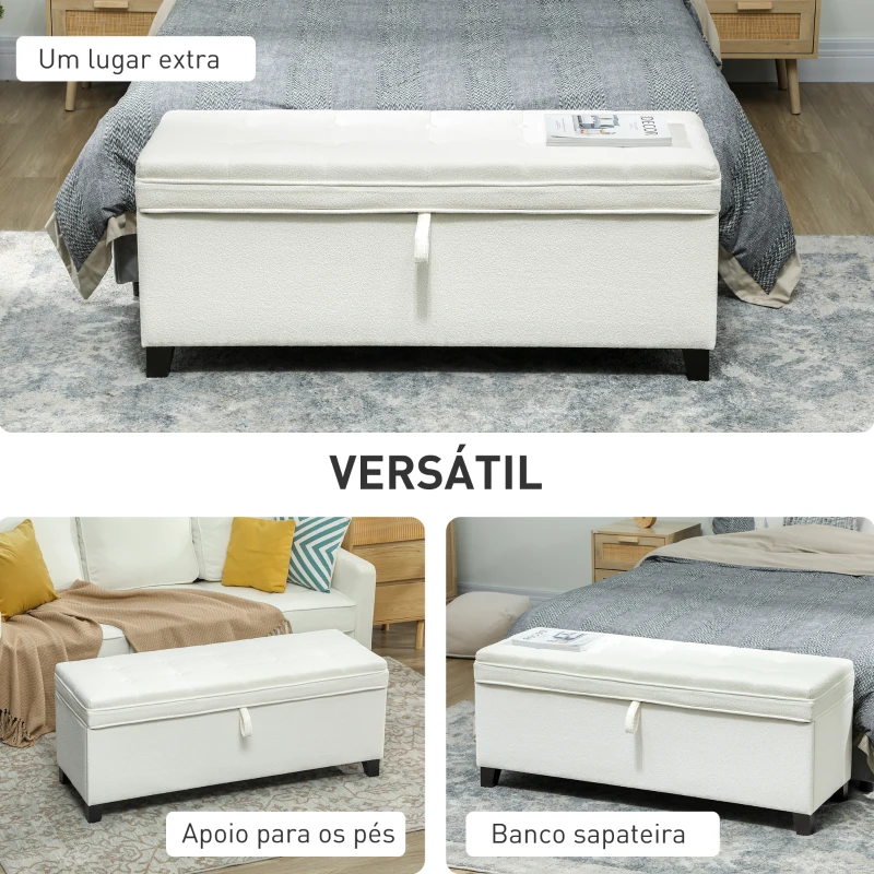 HOMCOM Banco de Armazenamento com 2 Dobradiças de Segurança Tampa Rebatível para Sala de Estar Quarto 120x40x48 cm Creme