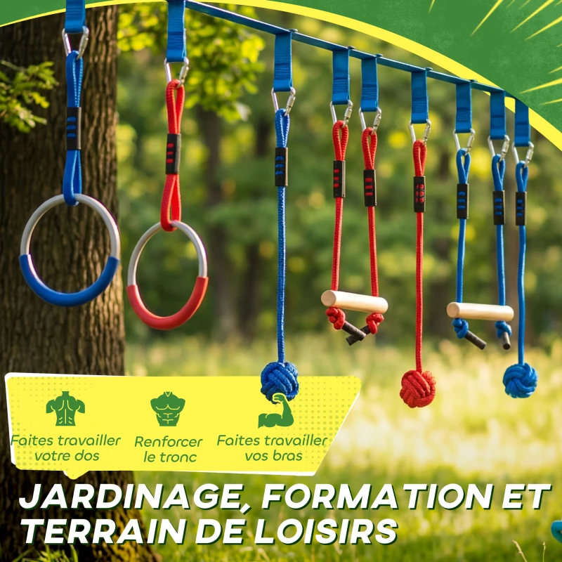 AIYAPLAY Parcours d'obstacles Ninja pour enfants 10 M kit de tyrolienne complet charge 100 kg, installation facile, multicolore