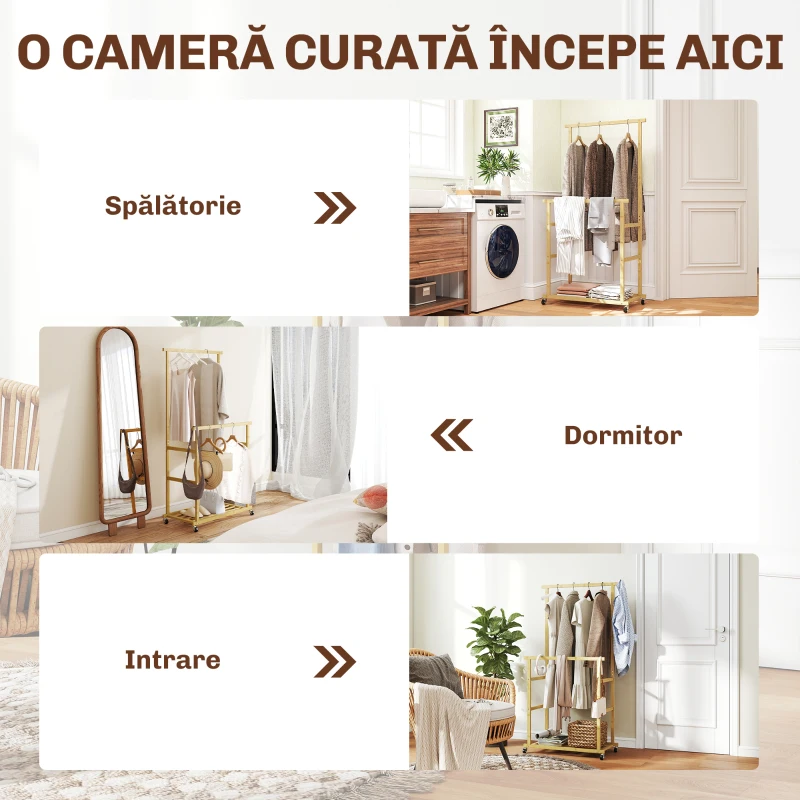 HOMCOM Charriot com Rodas de Bambu com Sapateira 2 Barras para Pendurar para Entrada Corredor Quarto 80x40x160 cm Madeira
