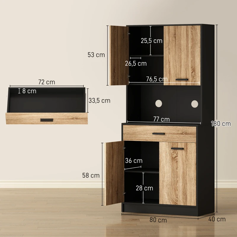HOMCOM Armoire de cuisine Buffet meuble de rangement, 2 placards 4 portes 1 tiroir, passe-câbles 80L x 40P x 180H cm(m-3)