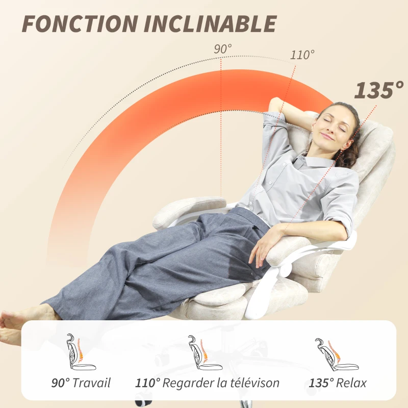 Vinsetto Fauteuil de bureau massant et chauffant, chaise de bureau, hauteur réglable, dossier inclinable, 65x70x111-119cm, crème