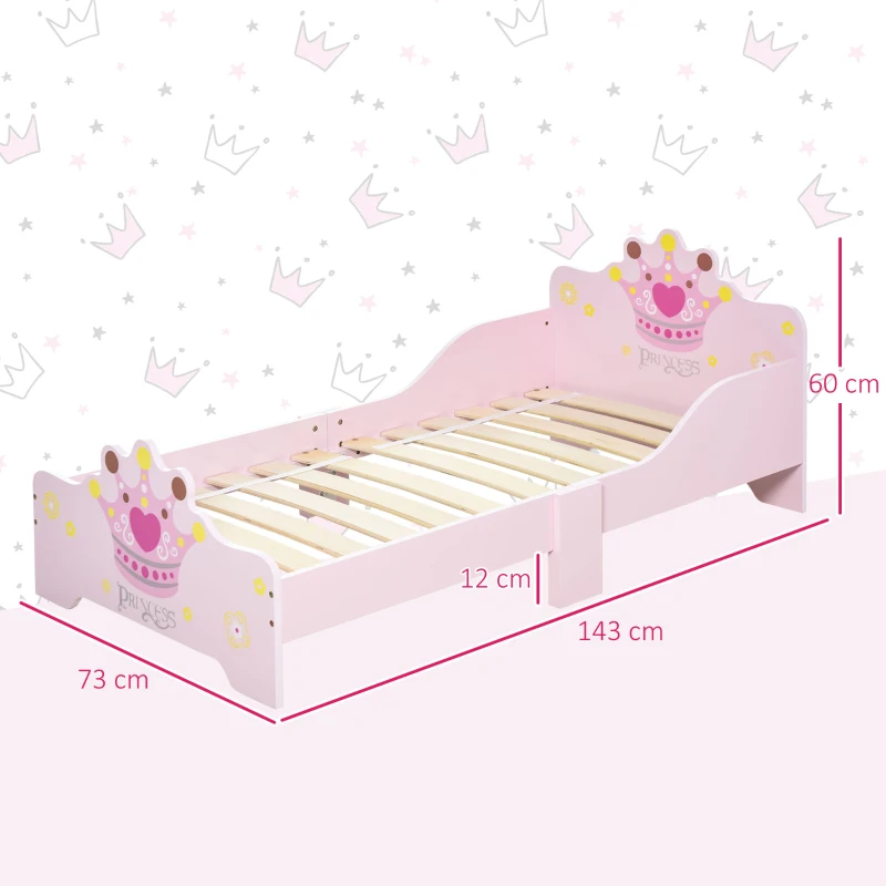 HOMCOM Kids Toddler Bed Princess Crown Theme Safety Side Rails Slats Home Bedroom Furniture Boys Girls 3-6 Years Pink 143 x 73 x 60 cm