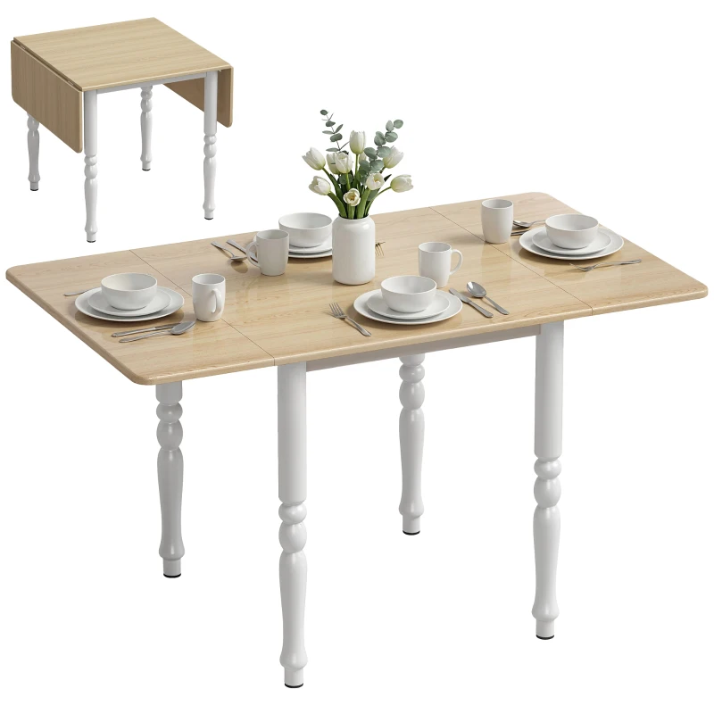 HOMCOM Mesa de jantar dobrável para 4 a 6 pessoas 74-134 cm, mesa de cozinha com 2 abas, pés em aço, madeira natural