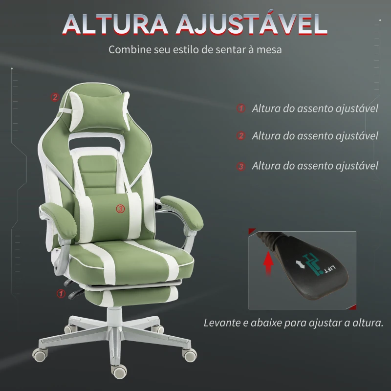 HOMCOM Cadeira Gamer Reclinável com Altura Ajustável Apoio para os Pés Retrátil Suporte Lombar e Almofada de Cabeça Amovível Verde