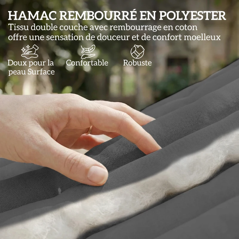 Outsunny Hamac suspendu 325 cm avec oreiller extra-long, tissu matelassé, poche pour magazines, intérieur et extérieur, gris
