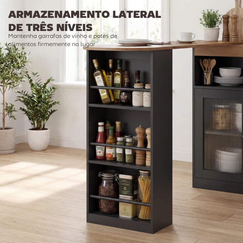 HOMCOM Mesa de Bar Extensível e Giratória 360° com Prateleiras Abertas e 2 Portas de Vidro 150x80x105,5 cm Preto e Madeira