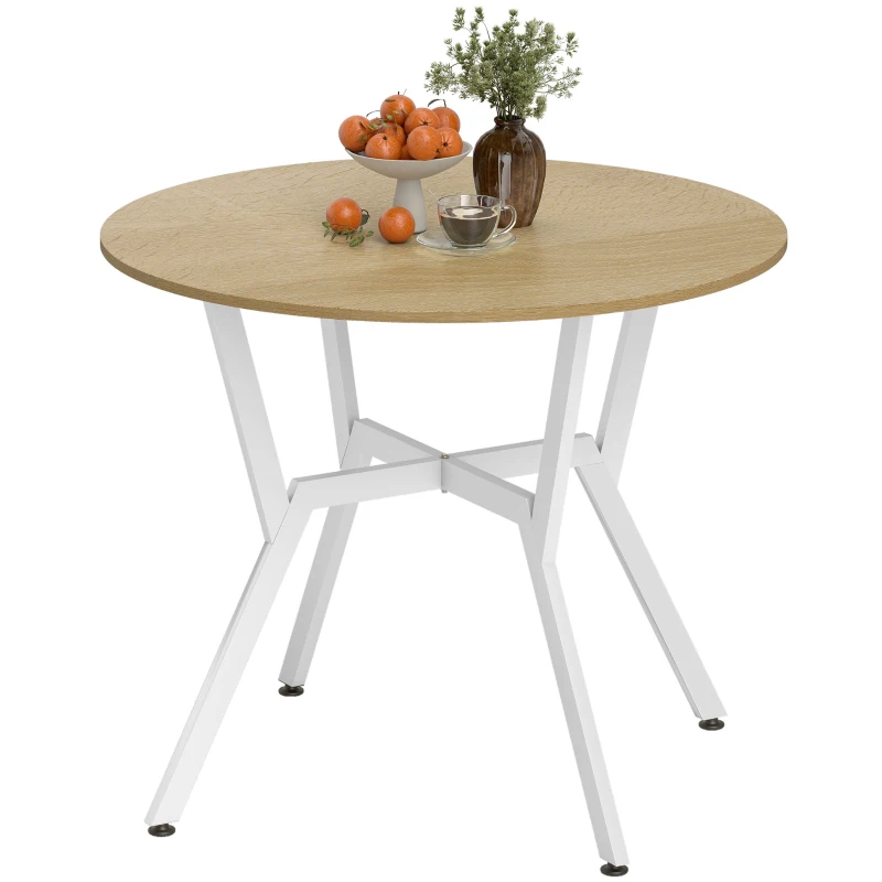 HOMCOM Mesa de Refeição Redonda Mesa de Jantar Estilo Industrial com Bancada de Madeira e Estrutura de Aço Ø90x76 cm Madeira e Branco