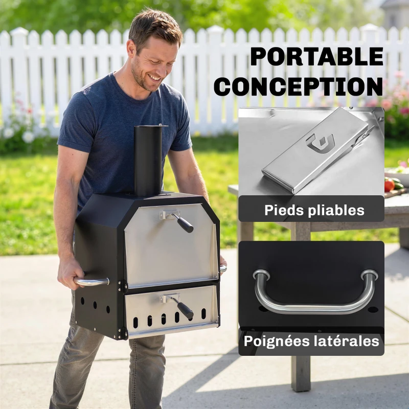 Outsunny Four à Pizza Extérieur à Bois et Charbon 2 Étages Combiné Barbecue Fumoir Pierre de 30 cm et Pelle Portable Noir