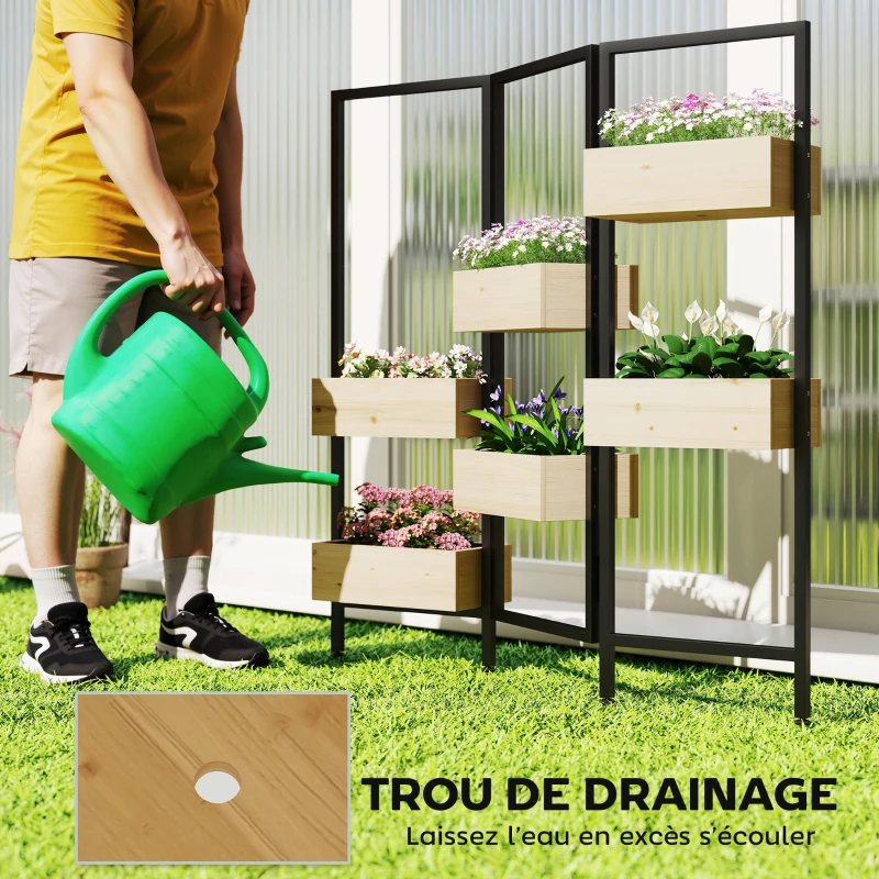 Outsunny Séparateur de pièce avec 6 bacs, paravent extérieur pliable à 3 panneaux avec trou de drainage et doublure, bois naturel