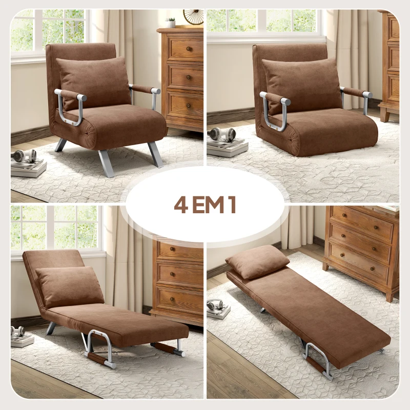 HOMCOM Sofá Cama Individual Sofá Cama Individual Sofá Reclinável com Almofada para Sala Quarto Carga 100 kg 65x69x80 cm Marrom