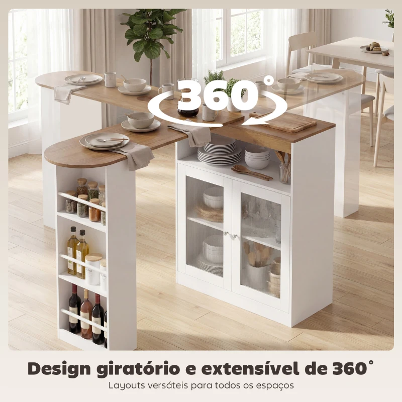 HOMCOM Mesa de Bar Extensível e Rotativa 360° com Prateleiras Abertas e 2 Portas de Vidro 150x80x105,5 cm Branco e Madeira