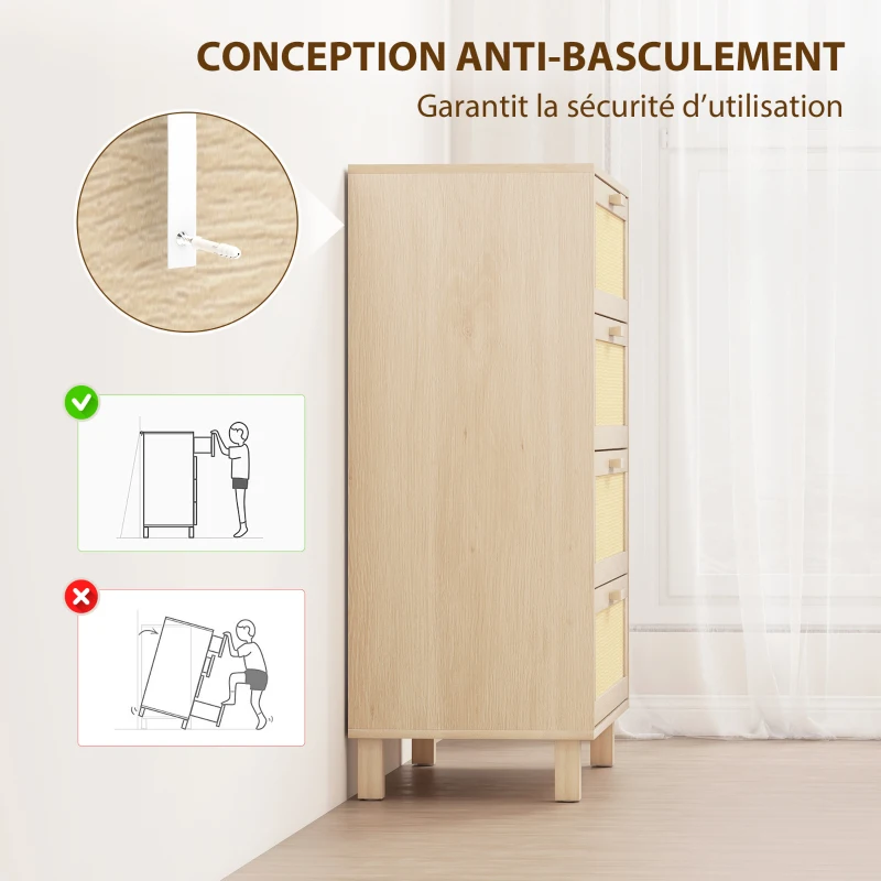 HOMCOM Commode 4 tiroirs cannage en rotin dim. 80L x 40l x 103H cm MDF Aspect Bois Clair