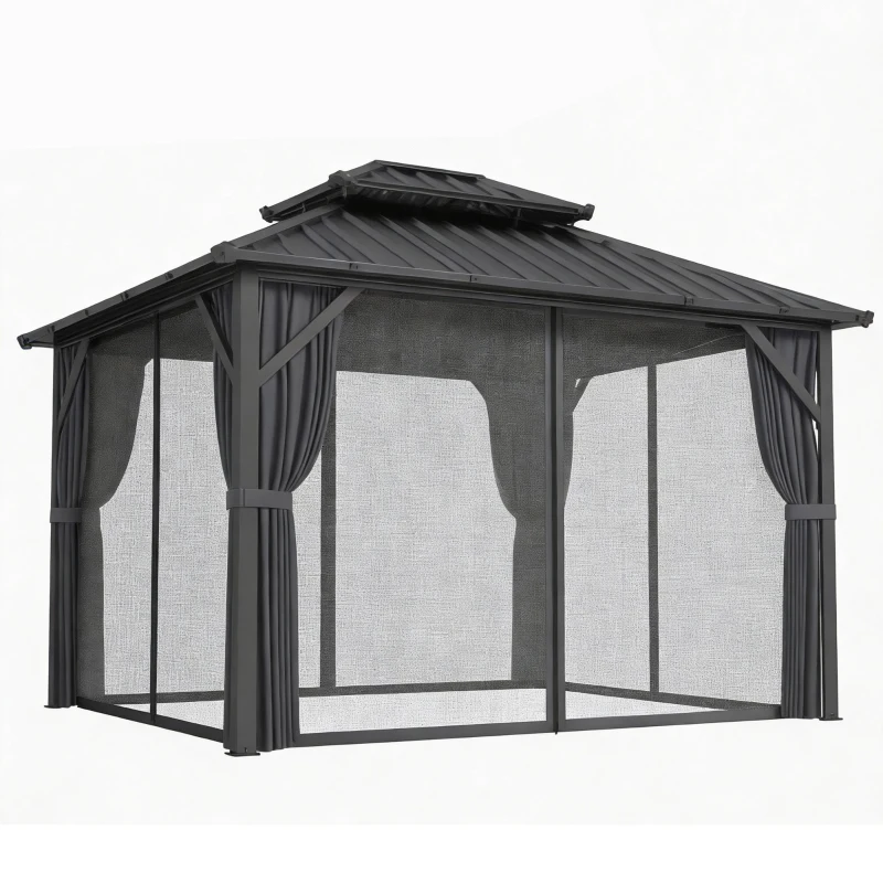 Outsunny Gazebo 3 x 3,6 m à Toit Rigide avec Toit Double en Acier Galvanisé, Structure en Aluminium, Gris Foncé